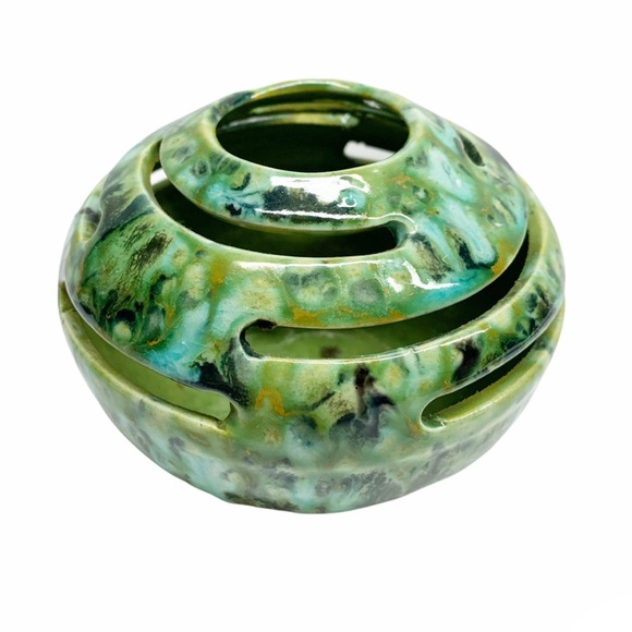 Vintage ceramic pansy pot vase candle holder marbled blue green black pottery